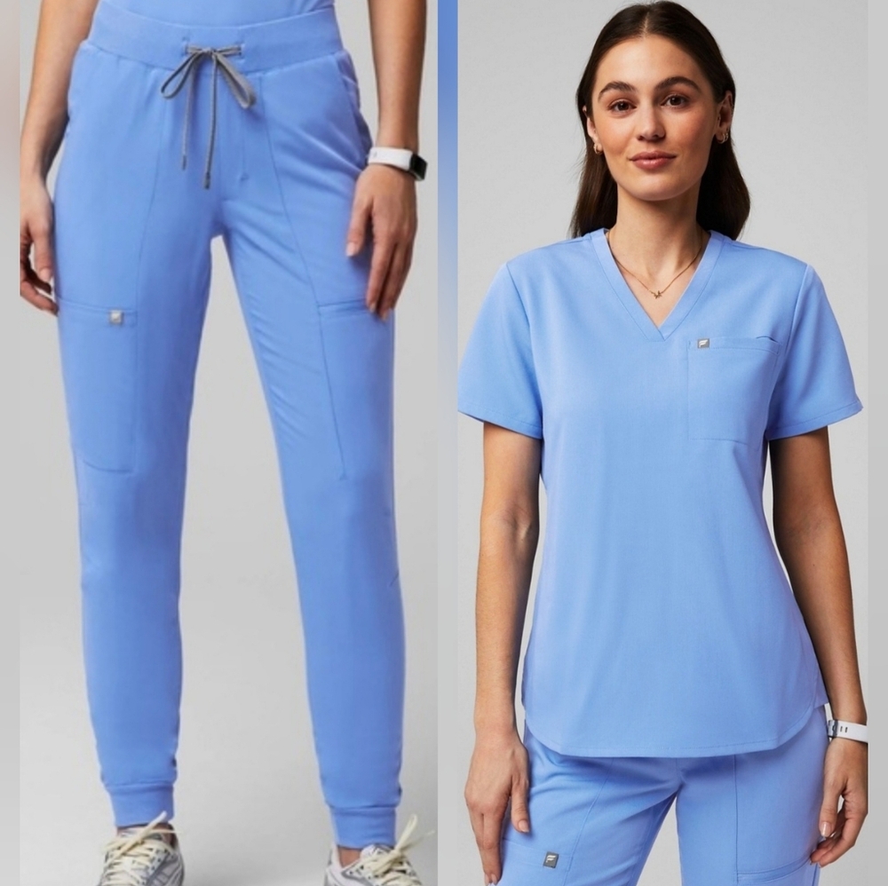 Fabletics Ceil Blue Set - On-Call Jogger Scrub Pants & Vital One Pocket Top